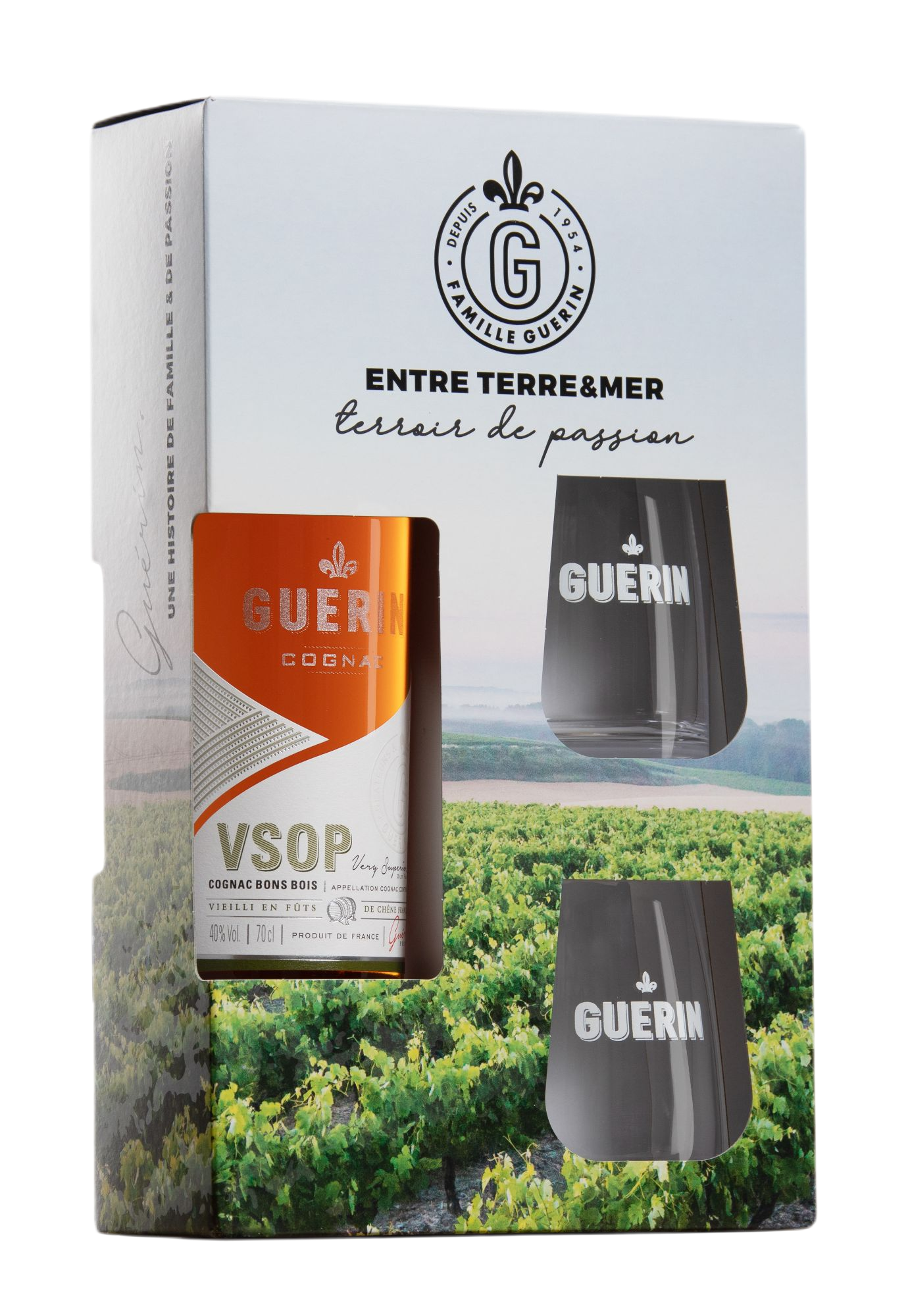 Coffret Cognac VSOP Guérin 4 ans d'âge + 2 verres